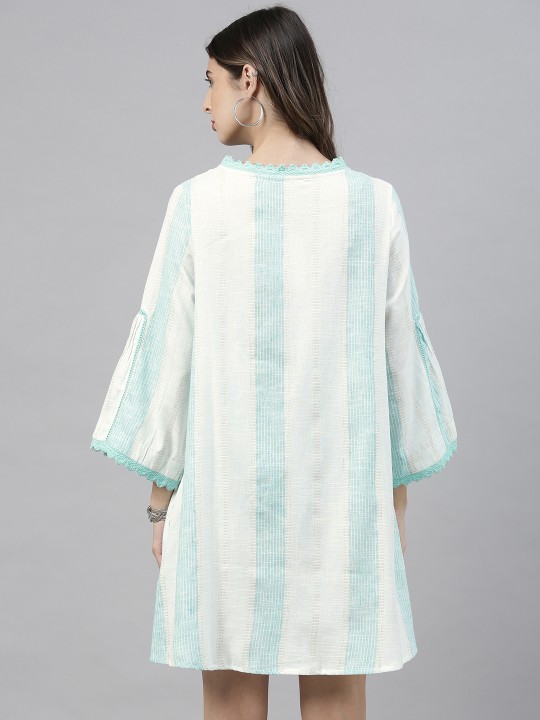 Women White & Blue Striped Lace Detailing A-Line Dress - Image 2