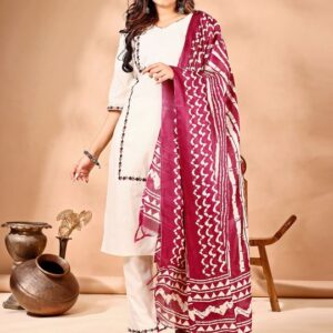 Women Floral Embroidered Regular Thread Work Pure Cotton Kurta with Trousers & With Dupatta