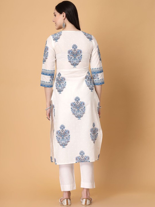 Floral Printed Notch Neck Pure Cotton Straight Kurta - Image 3