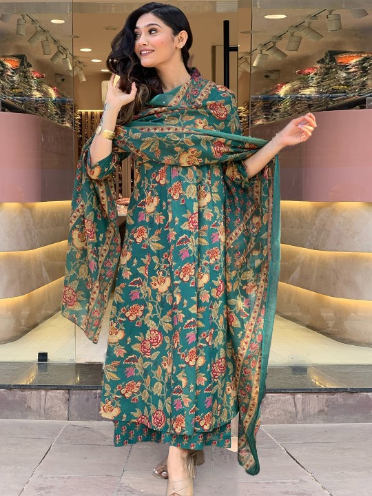 Women Floral Printed V-Neck Anarkali Kurta with Palazzos & With Dupatta - Image 7