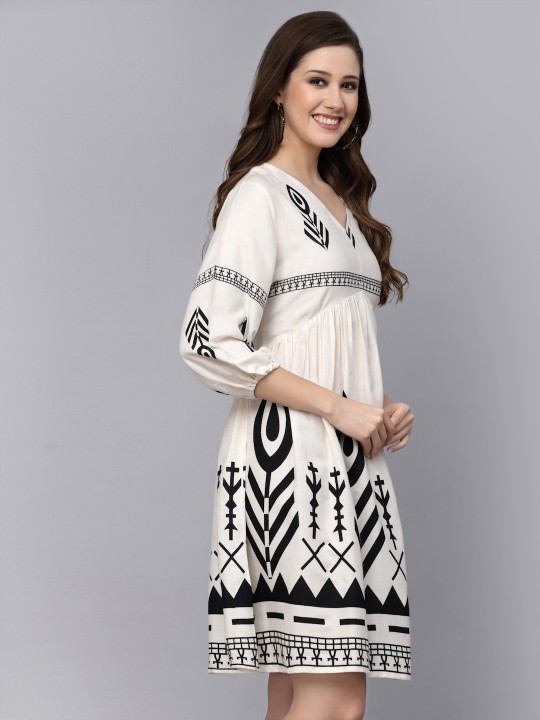 Cream-Coloured & Black Bohemian Print Puff Sleeves Fit & Flare Dress - Image 2