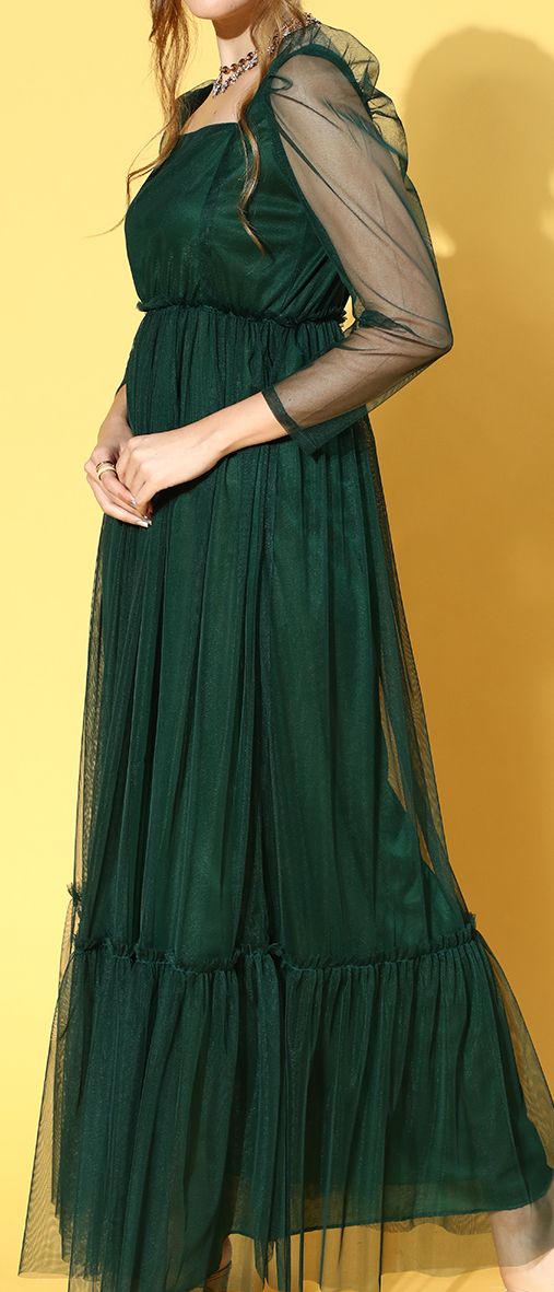 Women Attractive Green Solid Tiered Dress - Image 6