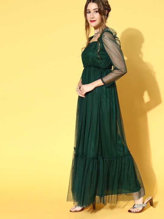 Women Attractive Green Solid Tiered Dress