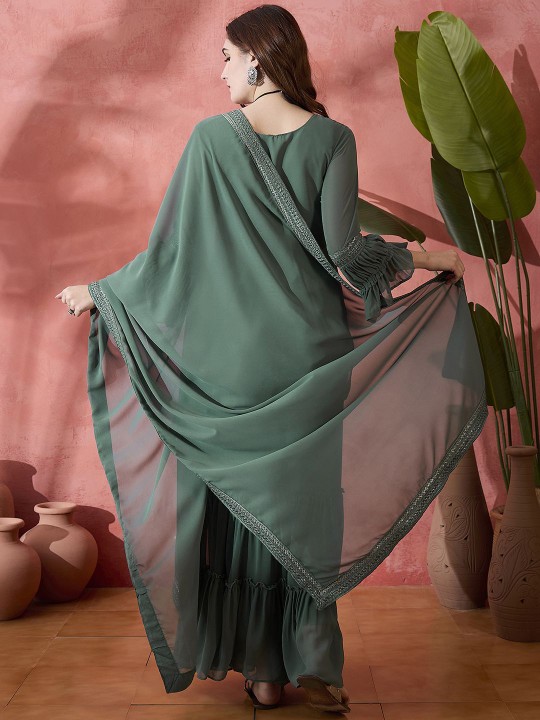 Teal Embroidered Sequinned Straight Kurta With Sharara & Dupatta - Image 10