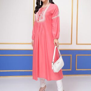 Coral Floral Embroidered Tie-Up Neck Thread Work A-Line Kurta