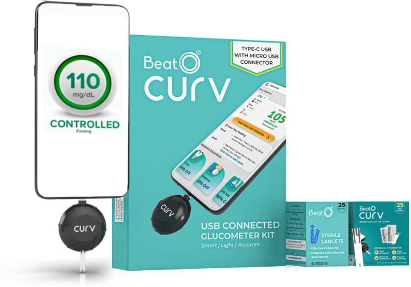 BeatO CURV Smartphone | Sugar Test Machine with 25 Strips & 25 Lancets Glucometer (Black)