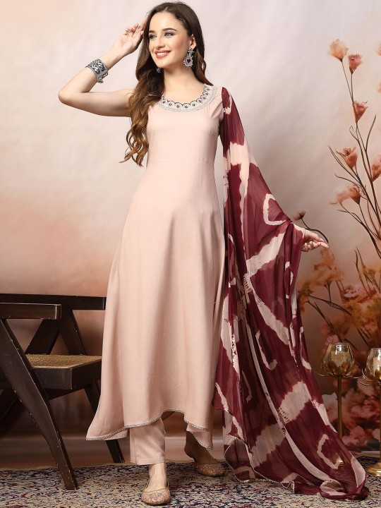 Rose Gold Lace Frills Bows and Ruffles A Line Kurta With Dupatta